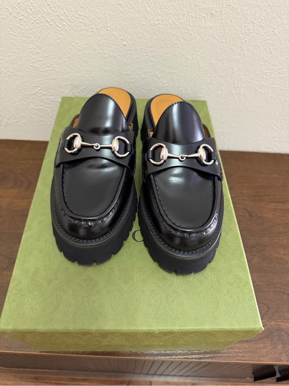 Gucci Black Leather Horsebit Lug Sole Women's Loafers